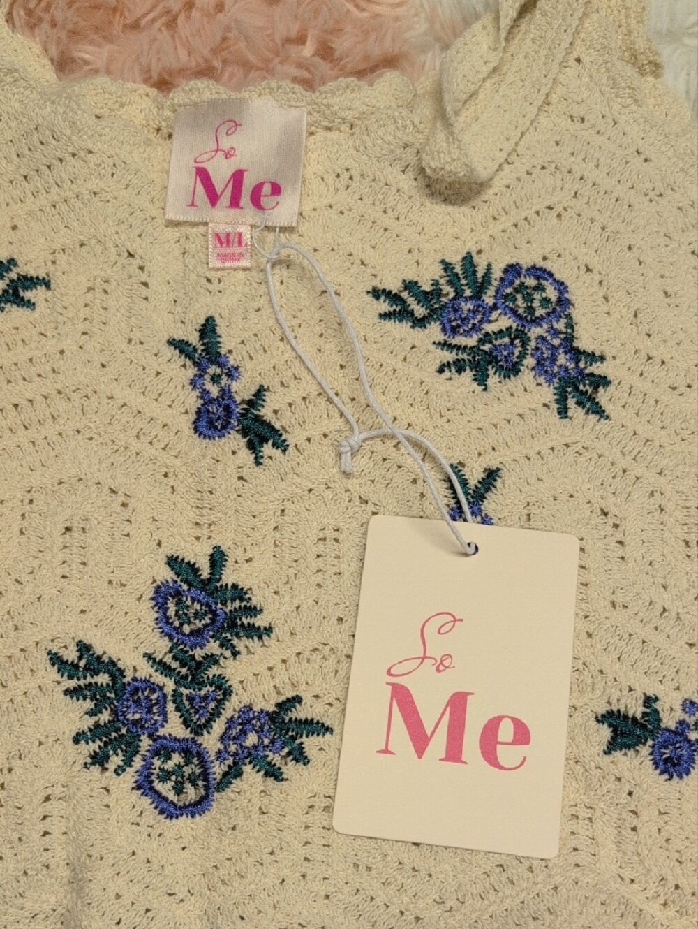 ME Makeover Essentials Cream Crochet Crop Top with Blue Floral Embroidery - Picture 3 of 8